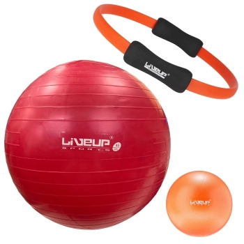 Kit Funcional Bola Premium Vermelha 45 Cm + Overball 25 Cm + Arco Fortalecedor + Bomba Inflar Treino