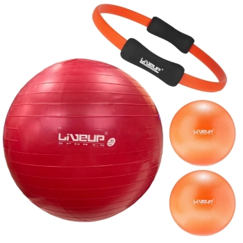 Kit Funcional Bola Pilates Vermelha 45cm + Anel Fortalecedor + 2 Overball 25cm + Bomba Inflar Treino