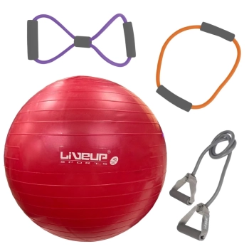 Kit Bola Pilates Premium Vermelha 45 Cm + Extensor Elstico 3 Tenses + Bomba Inflar Treino Academia