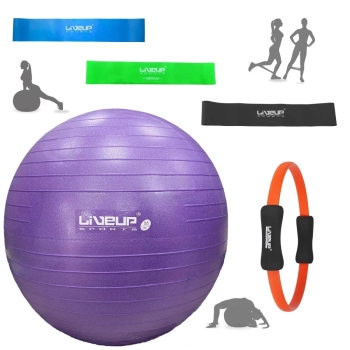 Kit Bola Premium Yoga 55 Cm + Mini Bands 3 Tenses + Anel de Pilates + Bomba Inflar Academia Treino