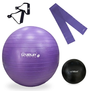 Kit Treino Bola Roxa 55cm+ Faixa Elastica Media+ Overball 25cm+ Puxador + Bomba Inflar Academia Yoga