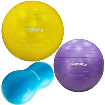 Kit Bolas Premium Pilates Roxa 55 Cm + Feijao 90 Cm + Amarela 75 Cm + Bomba Inflar Treino Academia