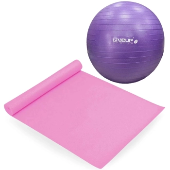 Kit Bola Anti Estouro Pilates Roxa 55 Cm + Bomba Inflar + Colchonete Rosa 1,73m Academia Treino Yoga