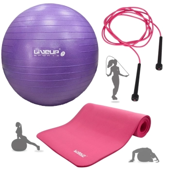 Kit Bola Anti Estouro Pilates Roxa 55cm+ Bomba Inflar+ Colchonete Rosa 1,80m+ Corda Pular Treino Yoga