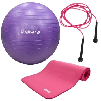 Kit Bola Anti Estouro Pilates Roxa 55cm+ Bomba Inflar+ Colchonete Rosa 1,80m+ Corda Pular Treino Yoga