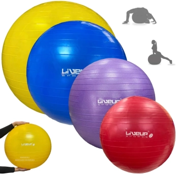 Kit Bolas Suias Pilates Vermelha 45cm + Roxo 55 Cm + Azul 65 Cm + Amarela 75 Cm + Bomba Inflar Yoga