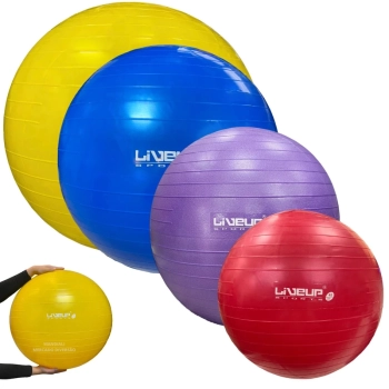 Kit Bolas Suias Pilates Vermelha 45cm + Roxo 55 Cm + Azul 65 Cm + Amarela 75 Cm + Bomba Inflar Yoga
