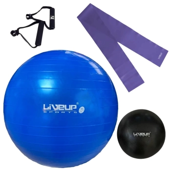 Kit Bola Premium Azul 65 Cm + Faixa Elastica Media + Overball 25cm + Bomba Inflar + Pegador Academia