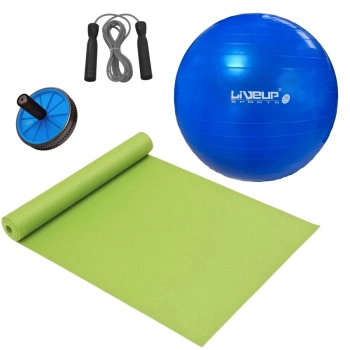 Kit Bola Premium Pilates Azul 65cm+ Tapete 1,73m + Corda de Pular + Rodinha Abdominal+ Bomba Inflar