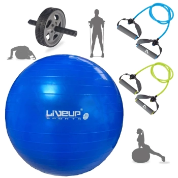 Kit Bola Pilates Azul 65 Cm + Rodinha Abdominal + Extensor Elastico 2 Tenses + Bomba Inflar Treino