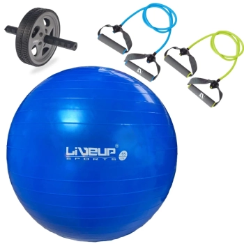Kit Bola Pilates Azul 65 Cm + Rodinha Abdominal + Extensor Elastico 2 Tenses + Bomba Inflar Treino