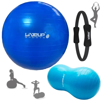 Kit Bola Premium Pilates Azul 65 Cm + Feijo 90 Cm + Anel Fortalecer Academia + Bomba Inflar Treino