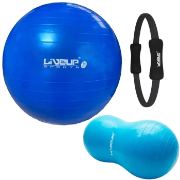 Kit Bola Premium Pilates Azul 65 Cm + Feijo 90 Cm + Anel Fortalecer Academia + Bomba Inflar Treino