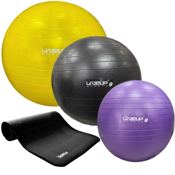 Kit Bola Yoga Roxa 55cm + Preta 65cm + Amarela 75cm + Bomba Inflar+ Colchonete Preto 1,80cm Academia