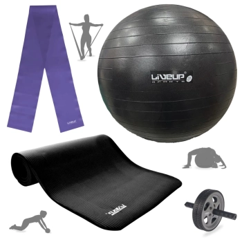 Kit Bola Pilates Preta 65 Cm + Bomba Inflar+ Tapete 1,80 M+ Rodinha Abdominal+ Faixa Elstica Media