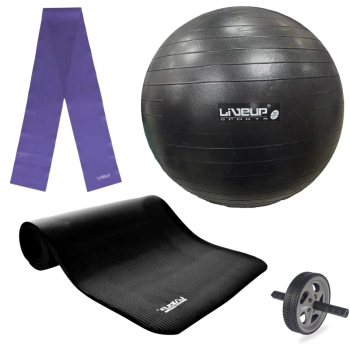 Kit Bola Pilates Preta 65 Cm + Bomba Inflar+ Tapete 1,80 M+ Rodinha Abdominal+ Faixa Elstica Media