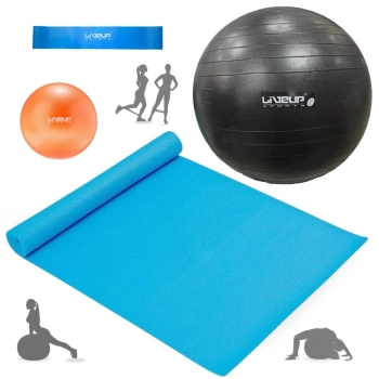 Kit Bola Sua Treino Preta 65cm+ Bomba Inflar+ Overball 25cm+ Mini Band Forte+ Colchonete 1,73m Yoga