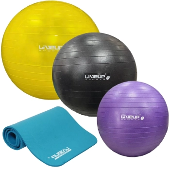 Kit Bolas Suas Pilates Roxa 55cm+ Preta 65cm+ Amarela 75cm+ Bomba Inflar+ Tapete Azul 1,80m Treino