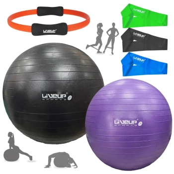 Kit Bolas Suas Yoga Roxa 55 Cm + Preta 65 Cm + Mini Bands 3 Tenses + Bomba Inflar + Anel Pilates