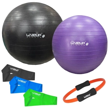 Kit Bolas Suas Yoga Roxa 55 Cm + Preta 65 Cm + Mini Bands 3 Tenses + Bomba Inflar + Anel Pilates
