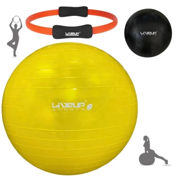 Kit Bola Sua Pilates Amarela 75cm + Overball Preta 25 Cm + Anel Fortalecer + Bomba Inflar Academia