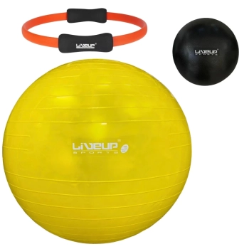 Kit Bola Sua Pilates Amarela 75cm + Overball Preta 25 Cm + Anel Fortalecer + Bomba Inflar Academia
