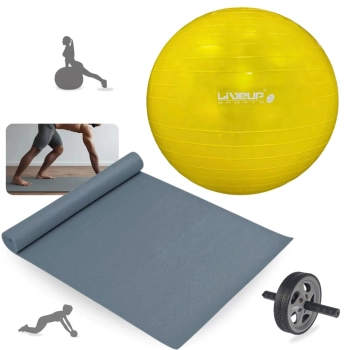 Kit Bola Pilates Amarela 75 Cm+ Bomba Inflar + Colchonete Cinza 1,73m+ Rodinha Abdominal Treino Yoga