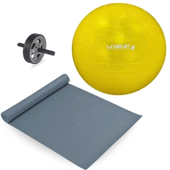 Kit Bola Pilates Amarela 75 Cm+ Bomba Inflar + Colchonete Cinza 1,73m+ Rodinha Abdominal Treino Yoga