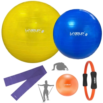 Kit Bola Sua Azul 65cm+ Amarela 75cm+ Bomba Inflar+ Arco Yoga+ Faixa Elstica Media + Overball 25cm