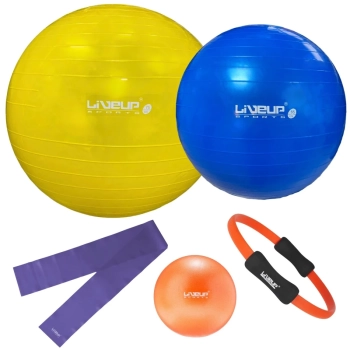 Kit Bola Sua Azul 65cm+ Amarela 75cm+ Bomba Inflar+ Arco Yoga+ Faixa Elstica Media + Overball 25cm