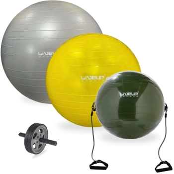 Kit Bola Pilates Amarela 75cm + Bola Extensor 65cm + Cinza 85 Cm + Bomba Inflar + Rodinha Abdominal