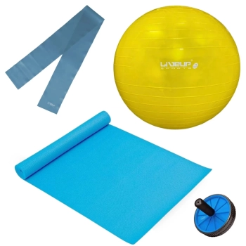 Kit Bola Pilates Amarela 75 Cm+ Bomba Inflar+ Faixa Elstica Forte + Rodinha Abdominal+ Tapete 1,73m