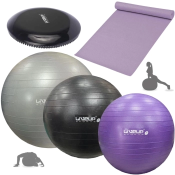 Kit Bolas Yoga Roxa 55cm + Preta 65cm + Cinza 85cm + Tapete 1,73m + Disco Equilbrio + Bomba Inflar