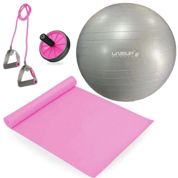 Kit Bola Pilates Cinza 85cm + Tapete 1,73m + Rodinha Abdominal+ Elstico Extensor Leve+ Bomba Inflar