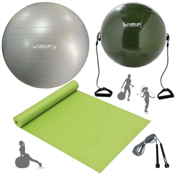 Kit Bola Pilates Cinza 85 Cm + Bola Extensor 65 Cm + Corda de Pular+ Bomba Inflar+ Tapete 1,73m Yoga