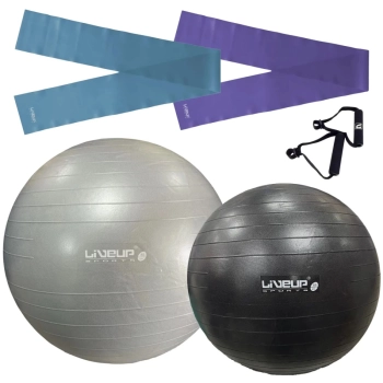 Kit Bolas Suias Pilates Preta 65cm + Cinza 85cm + Bomba Inflar+ Faixas Elasticas 2 Tensoes+ Puxador