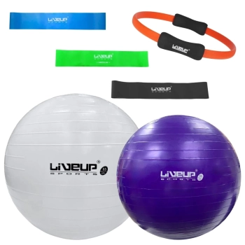 Kit Bolas Suas Pilates Branca 65 Cm + Roxa 55 Cm + Mini Bands 3 Tenses + Anel Fortalecedor Treino
