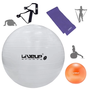 Kit Bola Sua Ginastica Branca 65 Cm + Puxador + Faixa Elstica Media + Overball 25cm Academia Yoga