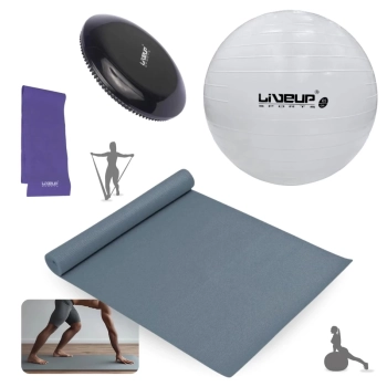 Kit Bola Sua Ginastica Branca 65cm+ Disco de Equilbrio + Faixa Elastica Media + Tapete 1,73m Yoga