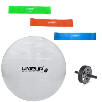 Kit Bola Sua Pilates Branca 65 Cm + Rodinha Abdominal + Mini Bands Trs Tenses Academia Ginastica