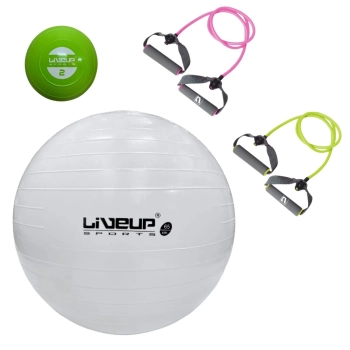 Kit Bola Sua Yoga Branca 65cm + Mini Bola de Peso 2 Kg + Extensores Elsticos 2 Tenses Exerccios