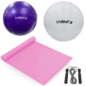 Bola Suica Pilates Branca 65 Cm + Roxa 55cm + Colchonete Rosa 1,73m + Corda de Pular Academia Treino