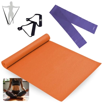 Kit Colchonete para Yoga Pilates Laranja 1,73m + Par de Pegador + Faixa Elstica Tenso Mdia Treino