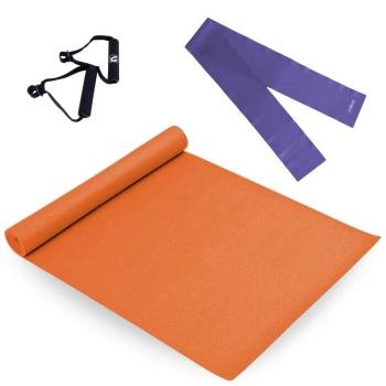 Kit Colchonete para Yoga Pilates Laranja 1,73m + Par de Pegador + Faixa Elstica Tenso Mdia Treino
