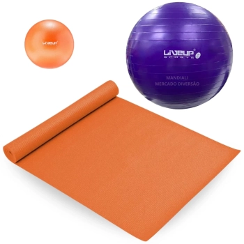 Kit Colchonete para Yoga Laranja 1,73m + Bola de Pilates Suia 55 Cm + Overball 25cm Exercicios