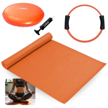 Kit Colchonete Tapete Yoga Eva Laranja 1,73m + Disco de Equilbrio + Anel de Pilates Fortalecedor