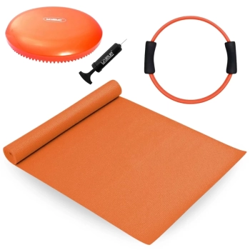 Kit Colchonete Tapete Yoga Eva Laranja 1,73m + Disco de Equilbrio + Anel de Pilates Fortalecedor