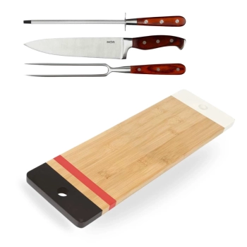 Kit Tabua Retangular Bamboo Corte Carne 48,3 Cm + Conjunto Faca, Garfo e Afiador Churrasco Gourmet