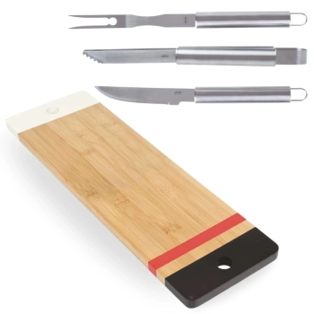 Kit Tabua Retangular Bamboo Funcional 48,3 Cm + Conjunto Faca, Garfo e Afiador Mor Churrasco Gourmet