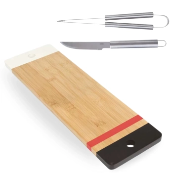 Kit Tabua em Bamboo para Churrasco Cortes 48,3 Cm + Faca e Pegador em Ao Inox Cozinha Utenslios